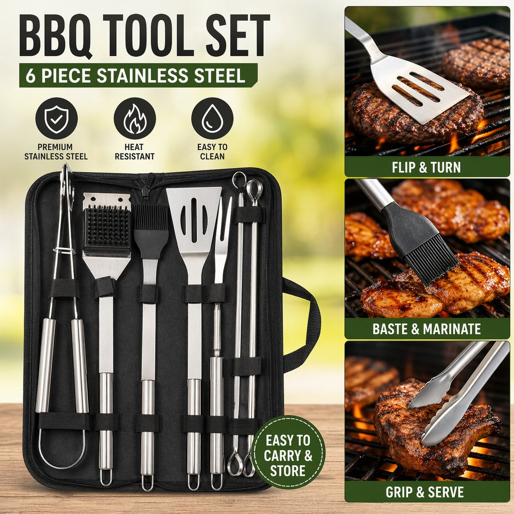 BBQ Tool Set Stainless Steel 6 Piece Grill Barbecue Accessories Kit Carry Case