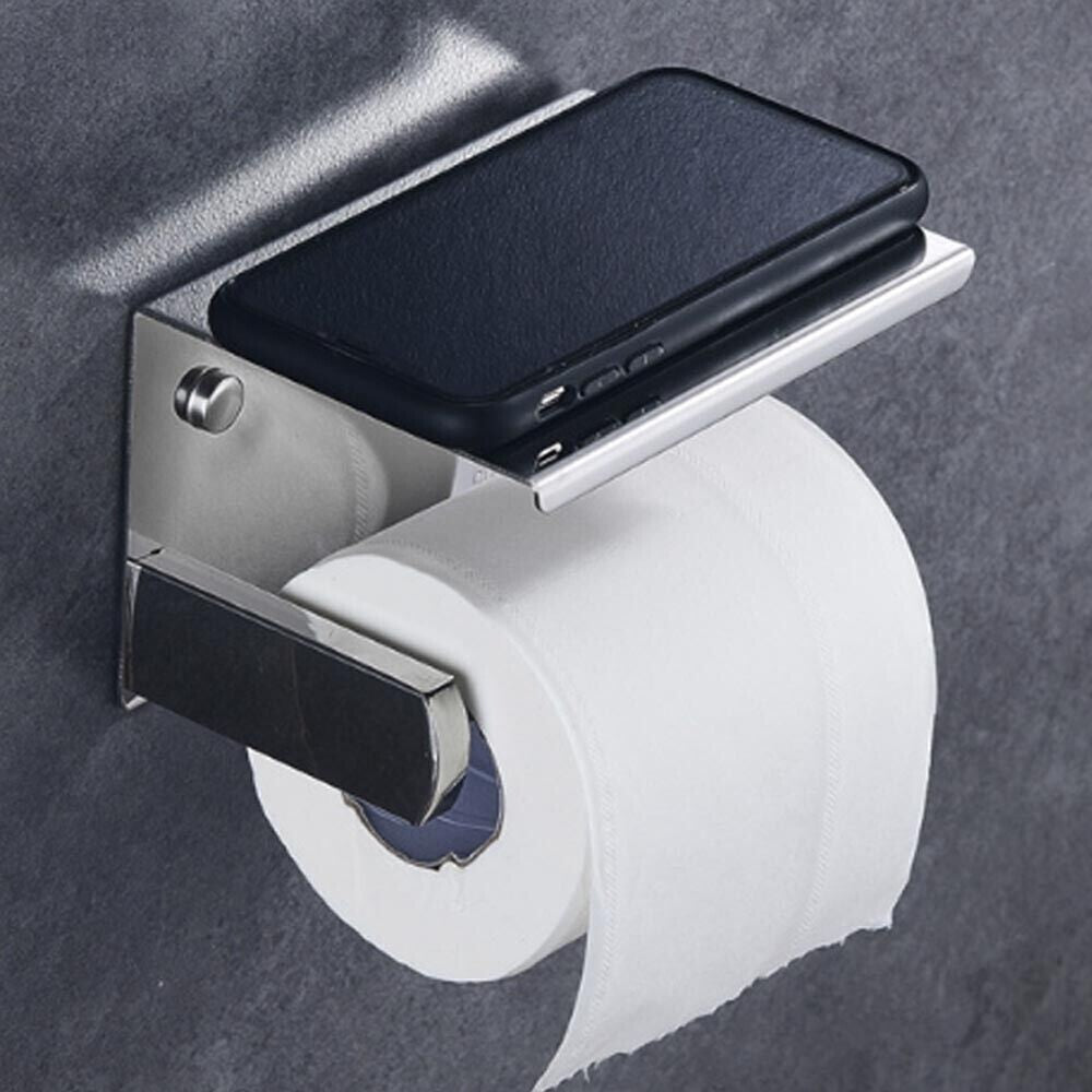 Bathroom Toilet Paper Roll Holder Wall-Mounted With Mobile Phone Storage Shelf