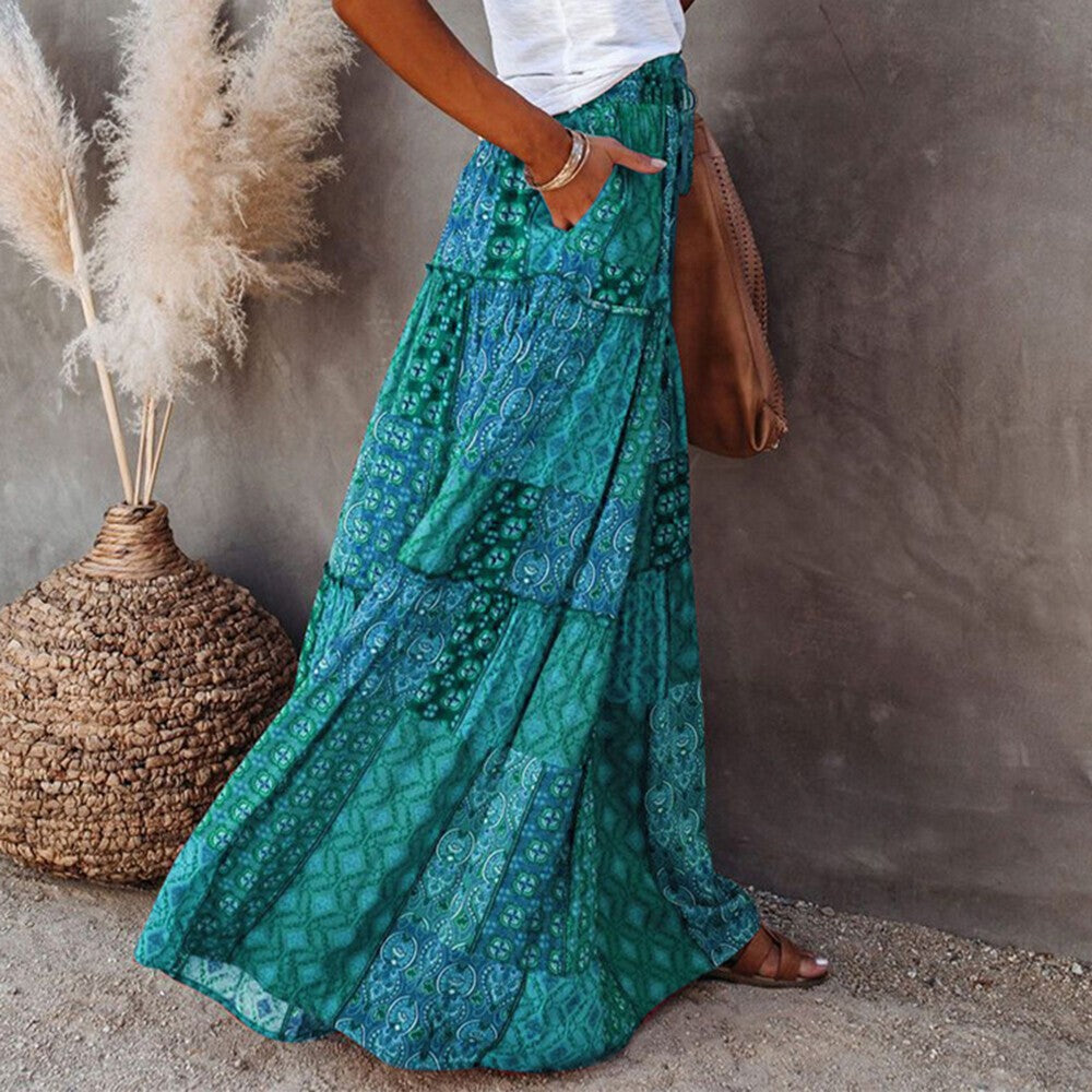 Women Bohemian High Waist Long Skirt Ladies Holiday Swing Baggy Boho Maxi Skirts