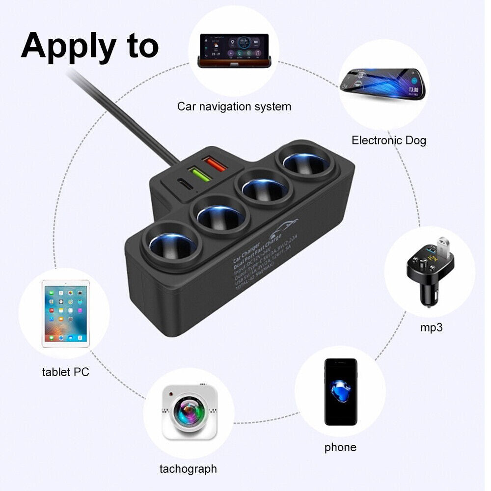 4 Way 12V 24V Multi Socket Car Cigarette Lighter Splitter USB Charger Adapter