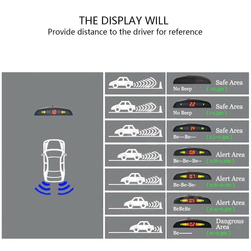 4x Black Parking Sensors Car Auto Reverse Backup Rear Radar LED Alert System Kit