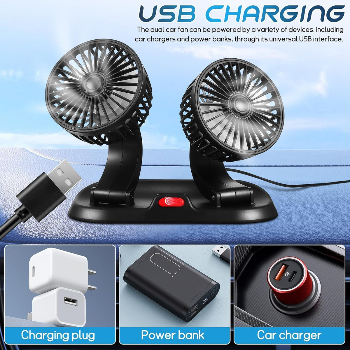 Dual Head USB Car Fan Portable Vehicle Truck 360° Rotatable Auto Cooling Cooler