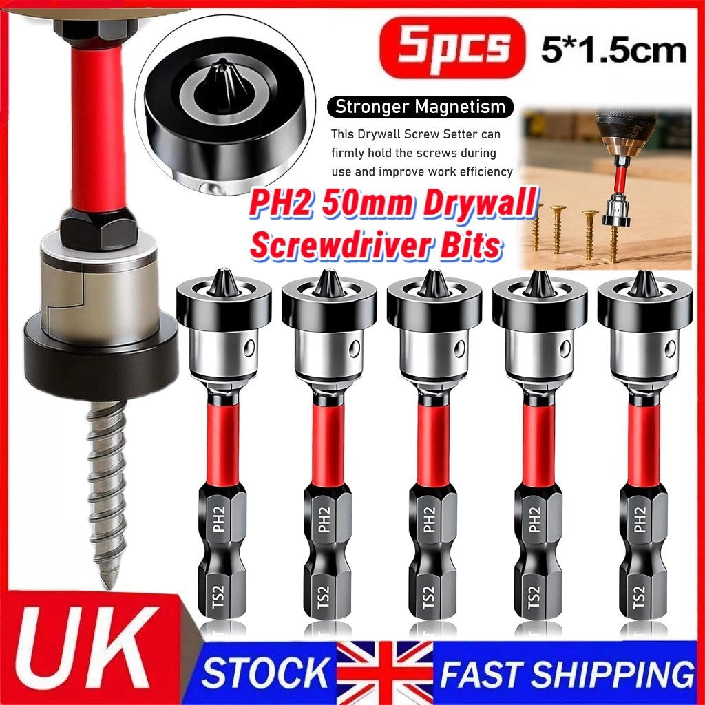 5PCS Plasterboard Screw Setter Bit PH2 50mm Magnetic 1/4" Hex Shank Drywall Tool