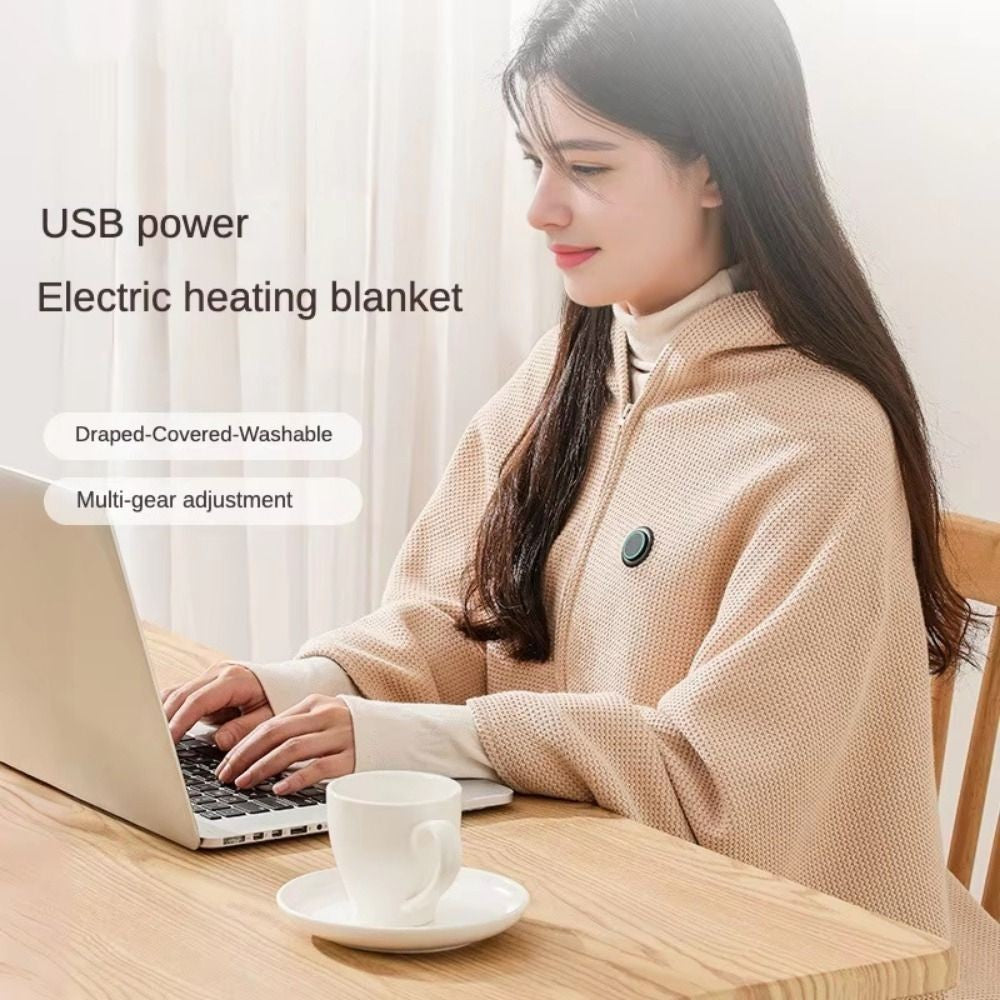USB Heated Shawl Blanket Wearable Electric Heating Blanket with Zipper Closure