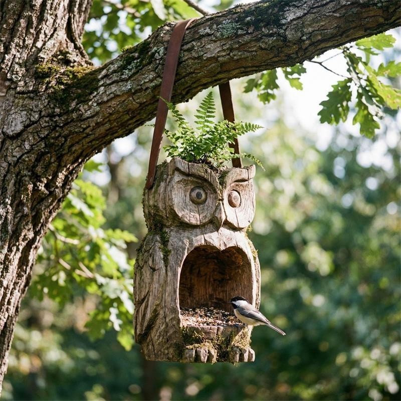 Resin Bird Feeder, Owl Shape Hanging Bird Feeder for Outside Funny Birds Feeders