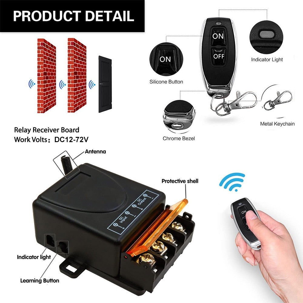 Wireless Remote Control Switch DC 12V 24V 48V 72V 30A 1Ch Relay Receiver 433MHz