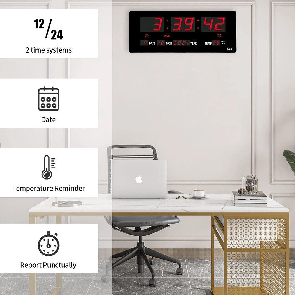 Large Jumbo Digital LED Wall Clock Desk Alarm Calendar Temperature Humidity Date
