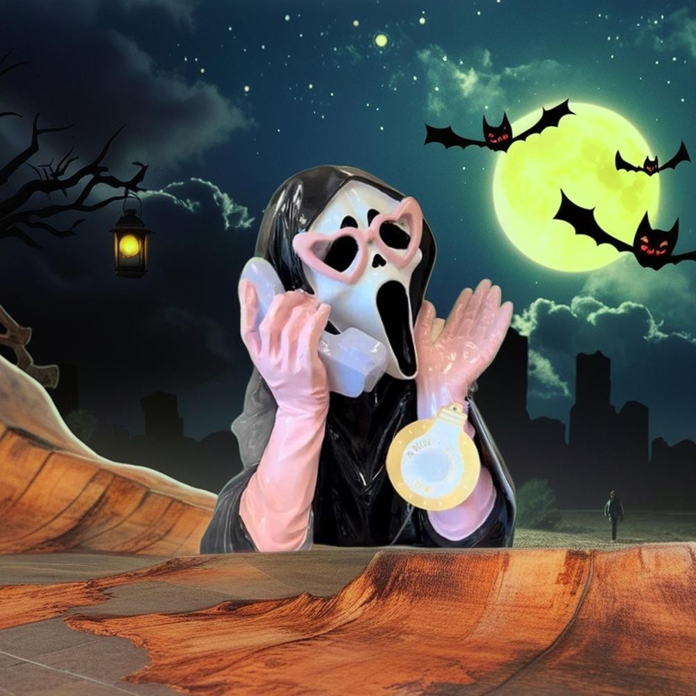 2026 Ghoulish Resin Light Up Halloween Pink/Black Scream Ghost Face Statue Decor
