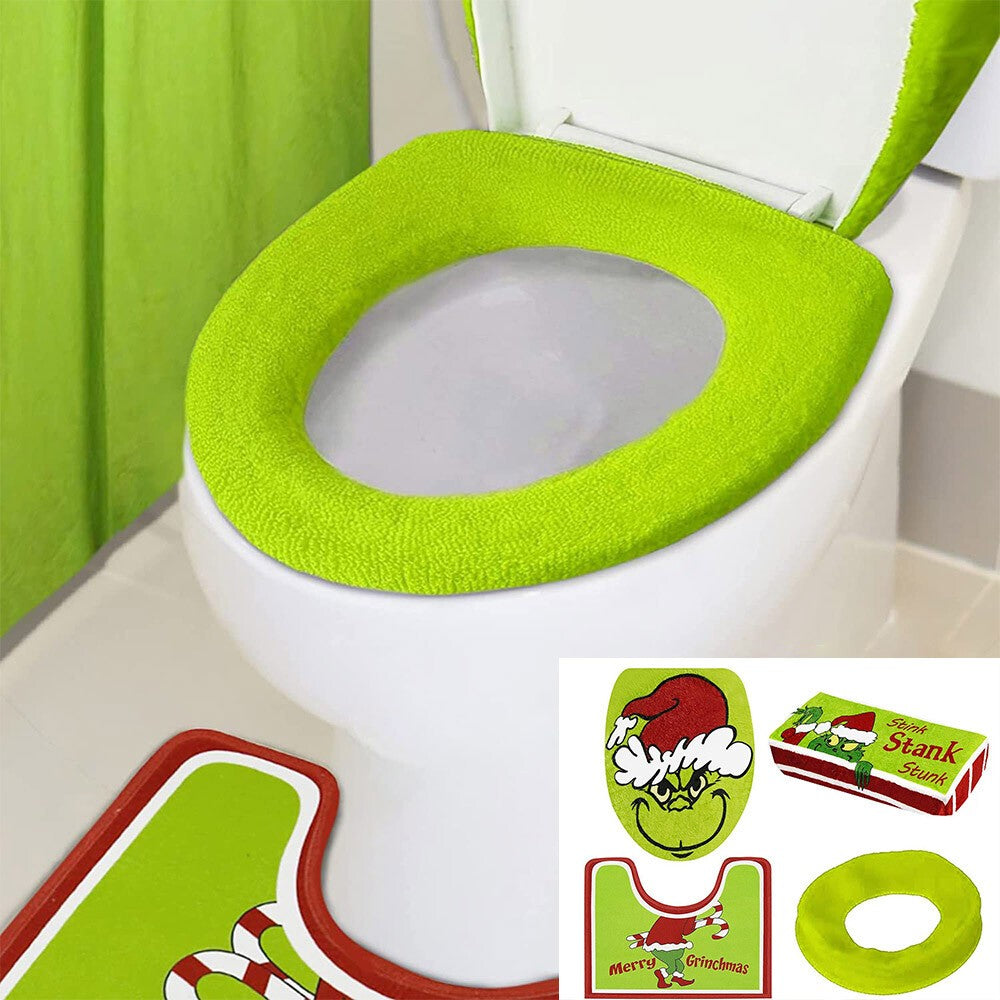 4PCS/Set Christmas Grinchs Decor Bathroom Toilet Pad Seat Cover-Rug for Bathroom