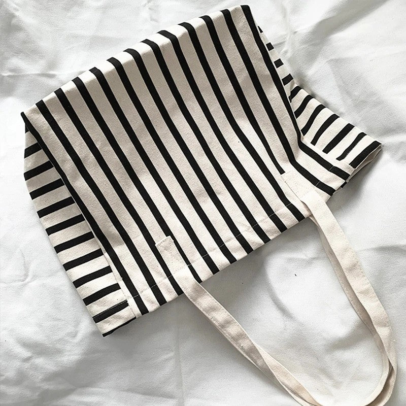 Striped Canvas Beach Tote Women Summer Large Capacity Shopping Shoulder Bag