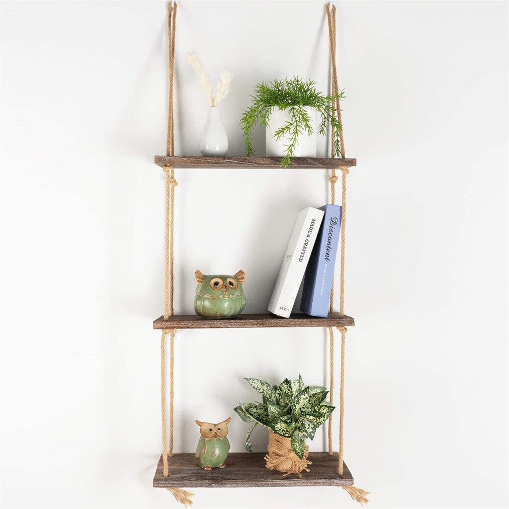 3 Tiers Boho Hanging Wall Shelves Swing Rope Floating Shelf Window Plant Hanger