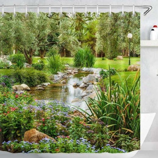 Cottage Garden Pond Waterproof Shower Curtain- Outdoor Garden Fence Scenic