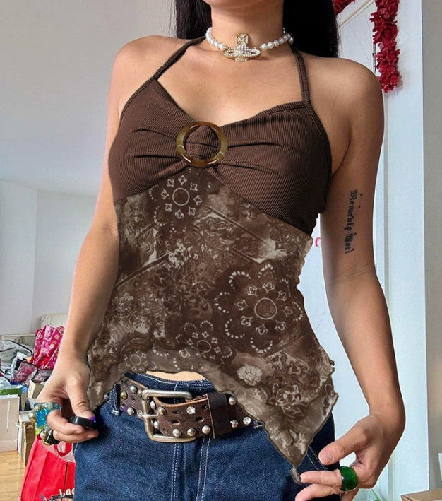 Khaki Lace Halter Top Y2K Cami Vest Vintage