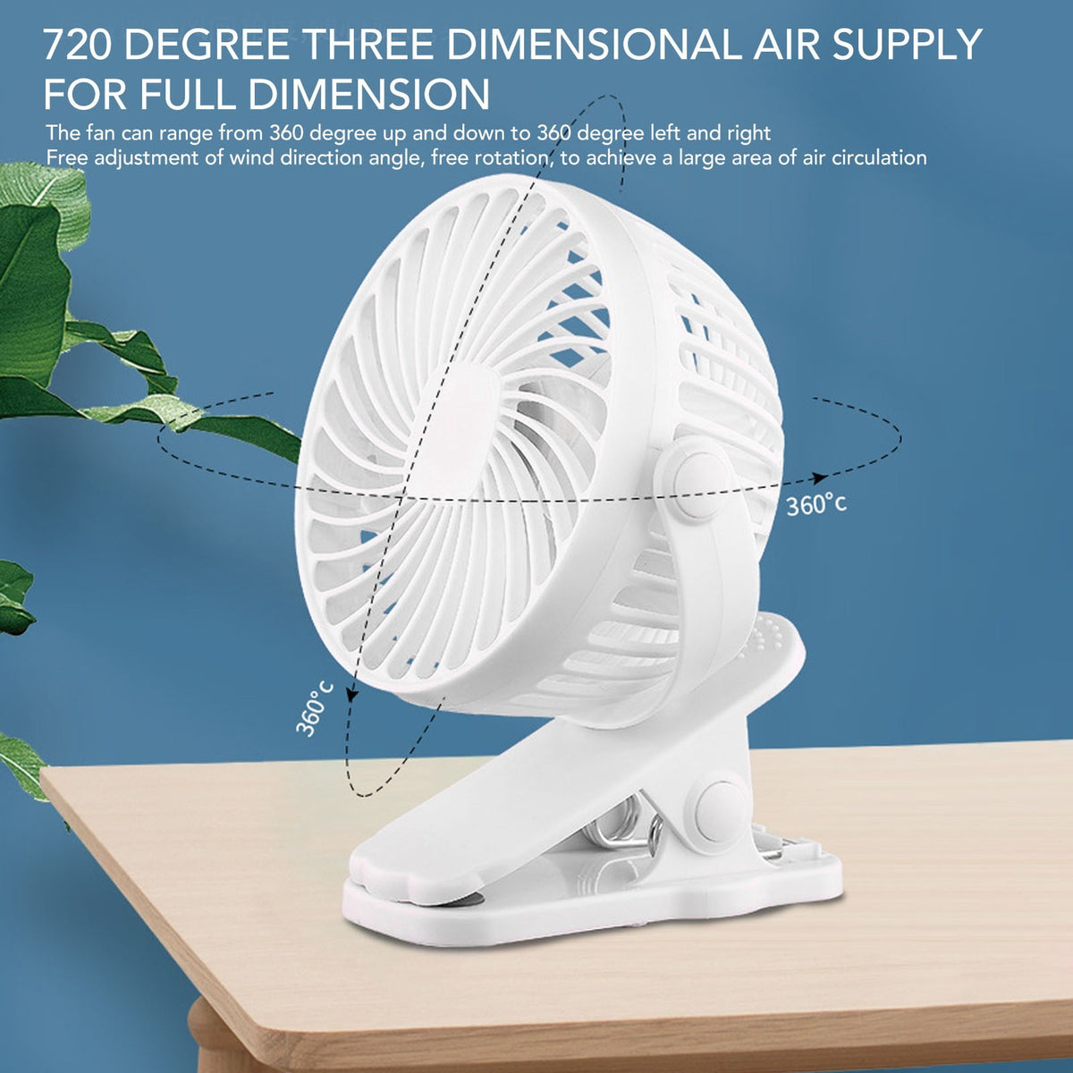 White Clip On Fan ABS 720 Degree 3 Gears Noiseless USB Battery Powered Mini Fan