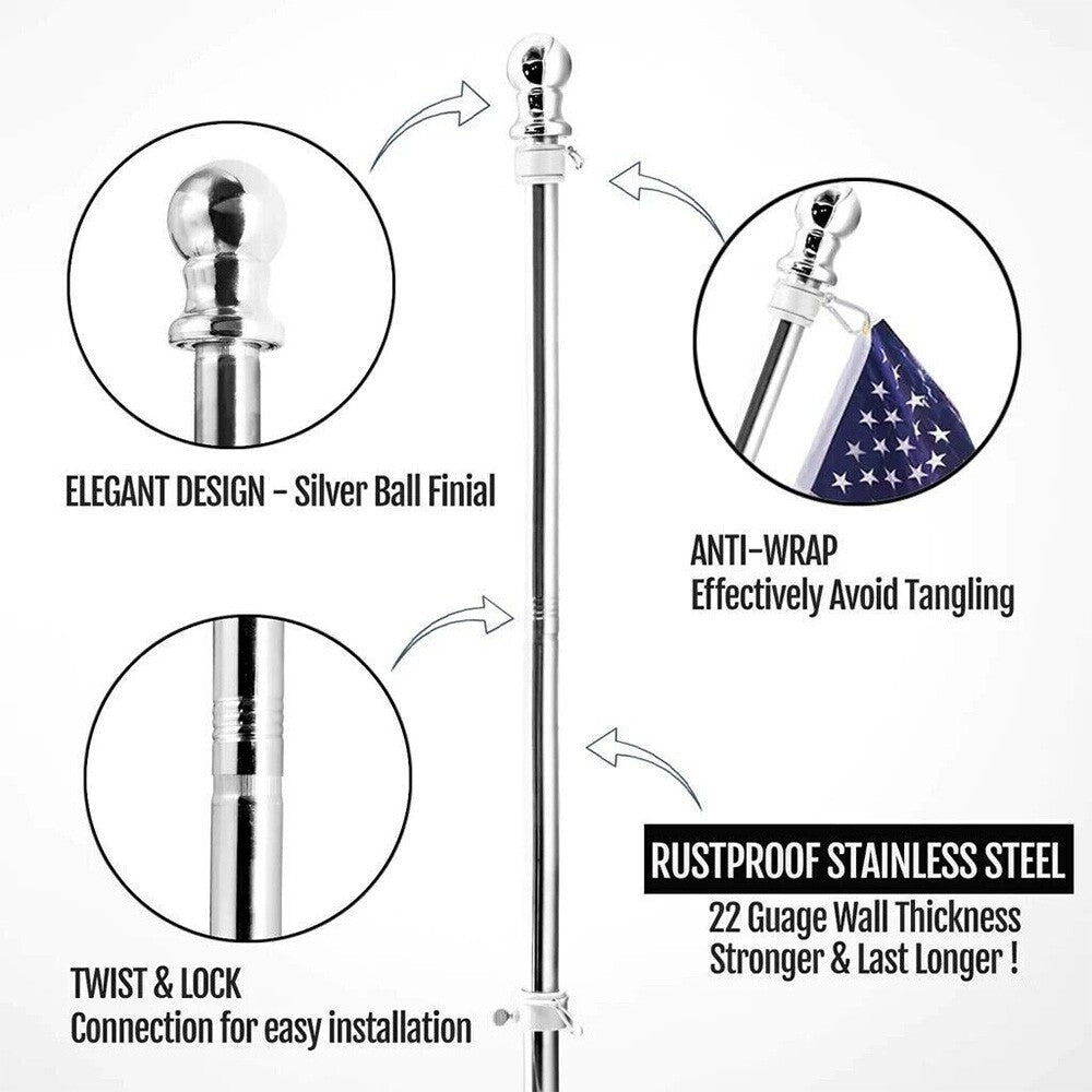 Adjustable Flag Pole Stainless Heavy Duty Rotating Flag Anti Tangle Caravan 6ft
