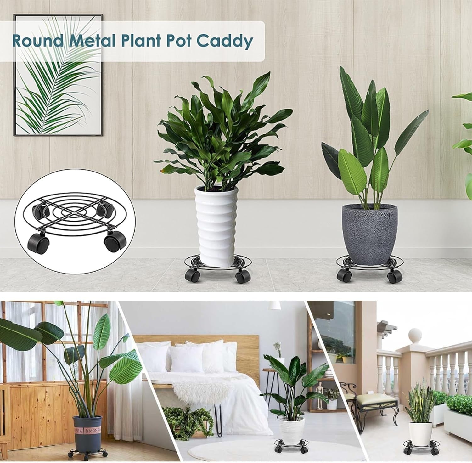 3 Pack Heavy Duty Plant Caddy with Wheels 27cm Round Metal Potted Trolley