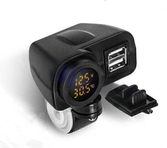 Yellow LED 12V Motorcycle USB Charger 2.1A+2.1A w/ Digital Voltmeter Thermometer