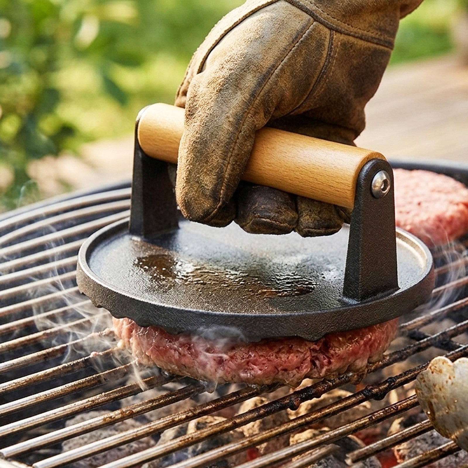 Burger Press Cast Iron 6.9" Heat Resistant Wood Handle BBQ Meat Grill Smash Tool