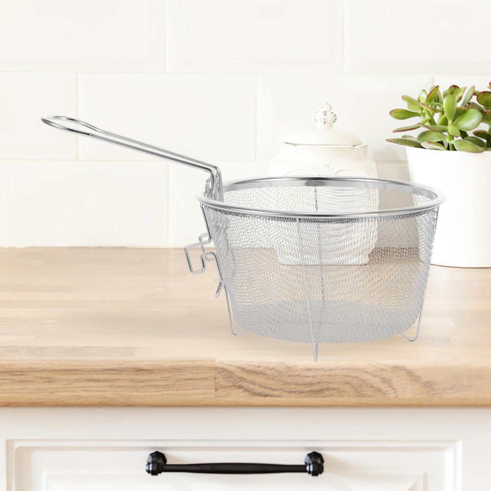 Round Stainless Steel Fryer Basket With Foldable Handle For Deep Frying Food