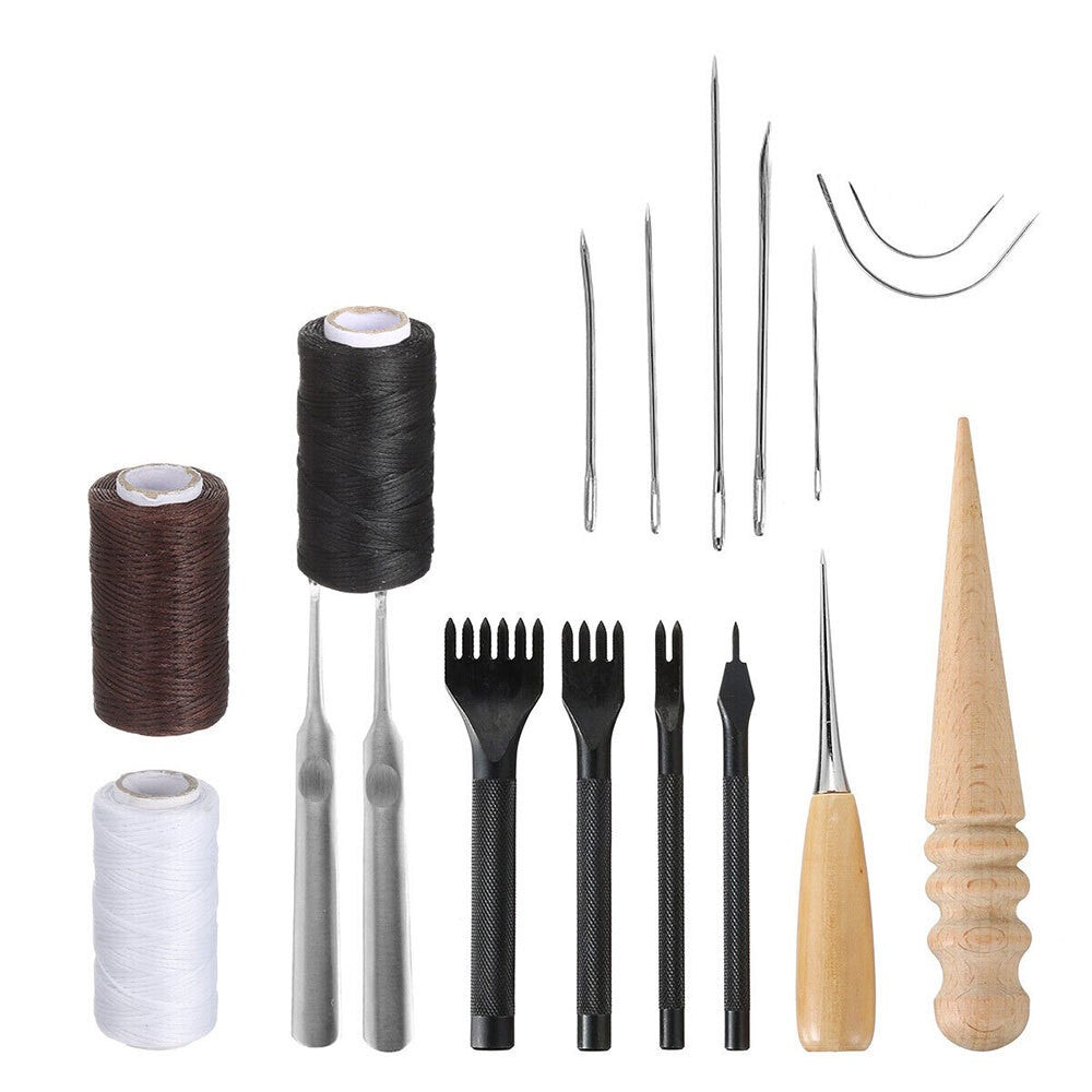 18Pcs Leather Craft Tool Kit Stitching Sewing Beveler Punch Working Hand Tools