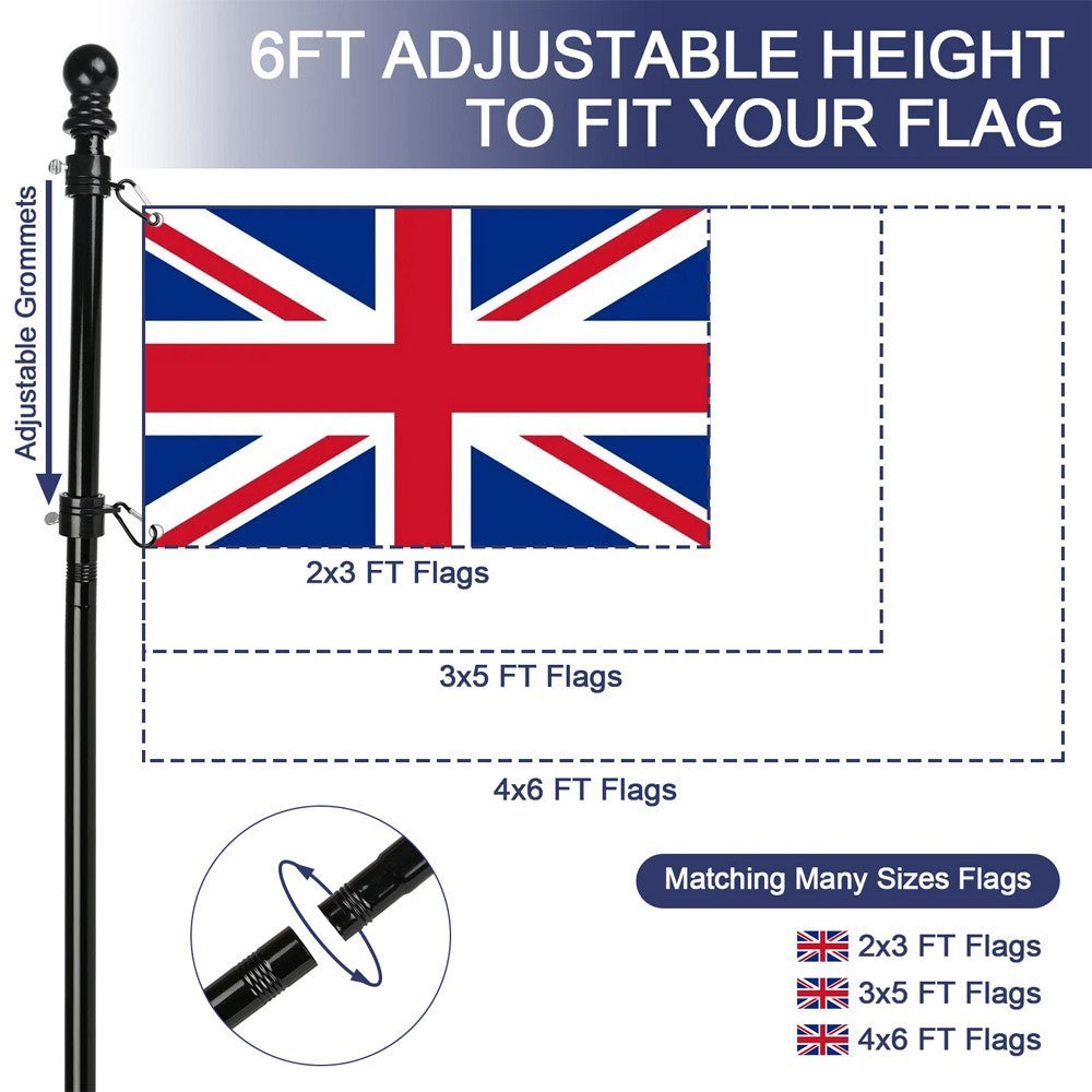6FT Wall Mounted Adjustable Flag Pole Kit Black Stainless Steel Mounting Bracket