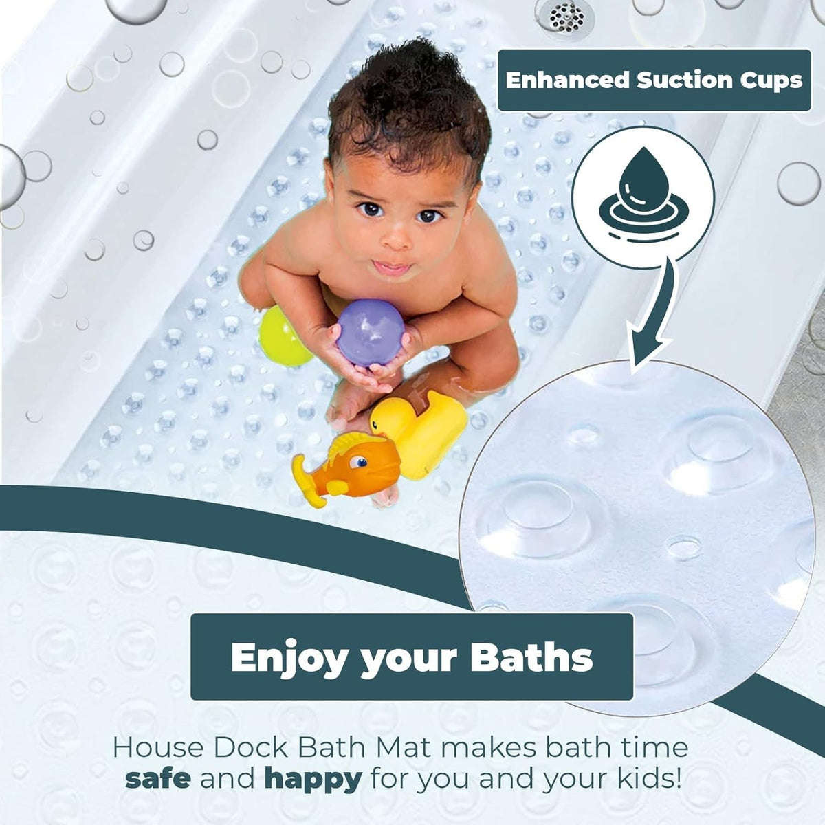 Non Slip Bath Mat 100x40cm Clear Shower Mat Anti Mould Suction Cup Rubber