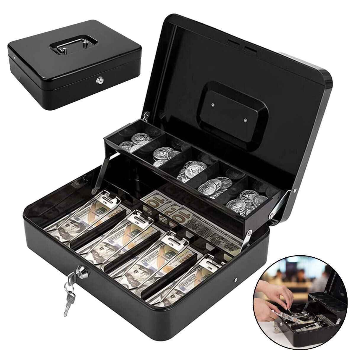 Money Float Tin Keys Lockable Safe Metal Petty Cash Box Coin Tray