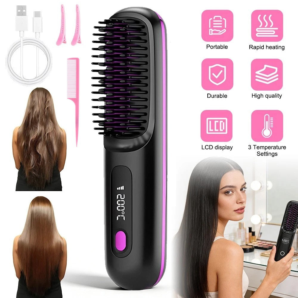 Go Brush Pro, Cordless Hair Straightener Comb, Ionic Heated Hair Brush, Ceramic~