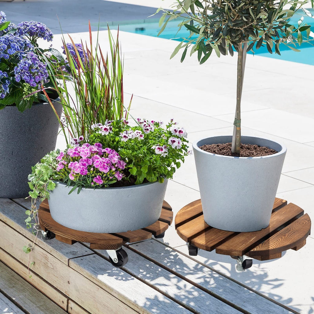 Wooden Round Garden Plant Pot Stand Mover with Wheels Indoor Outdoor Pack of 2