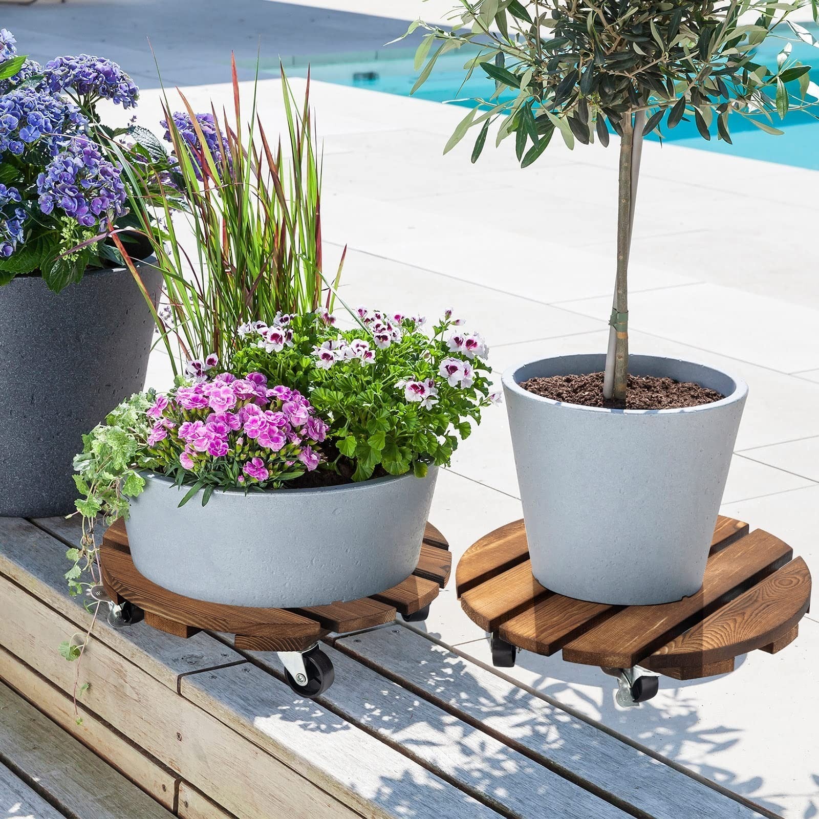 Wooden Round Garden Plant Pot Stand Mover with Wheels Indoor Outdoor Pack of 2