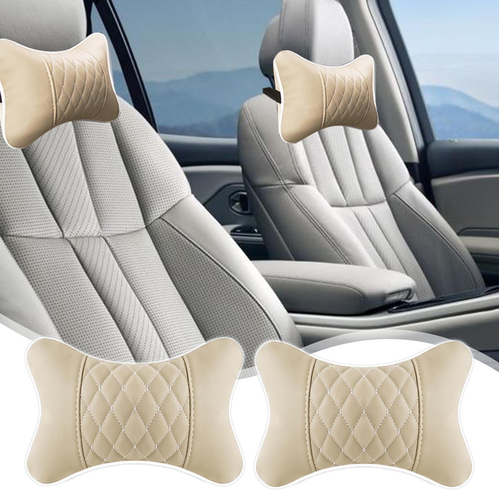 2pc Car Seat Head Neck Rest PU Leather Support Cushion Pad HeadRest Bone Pillow