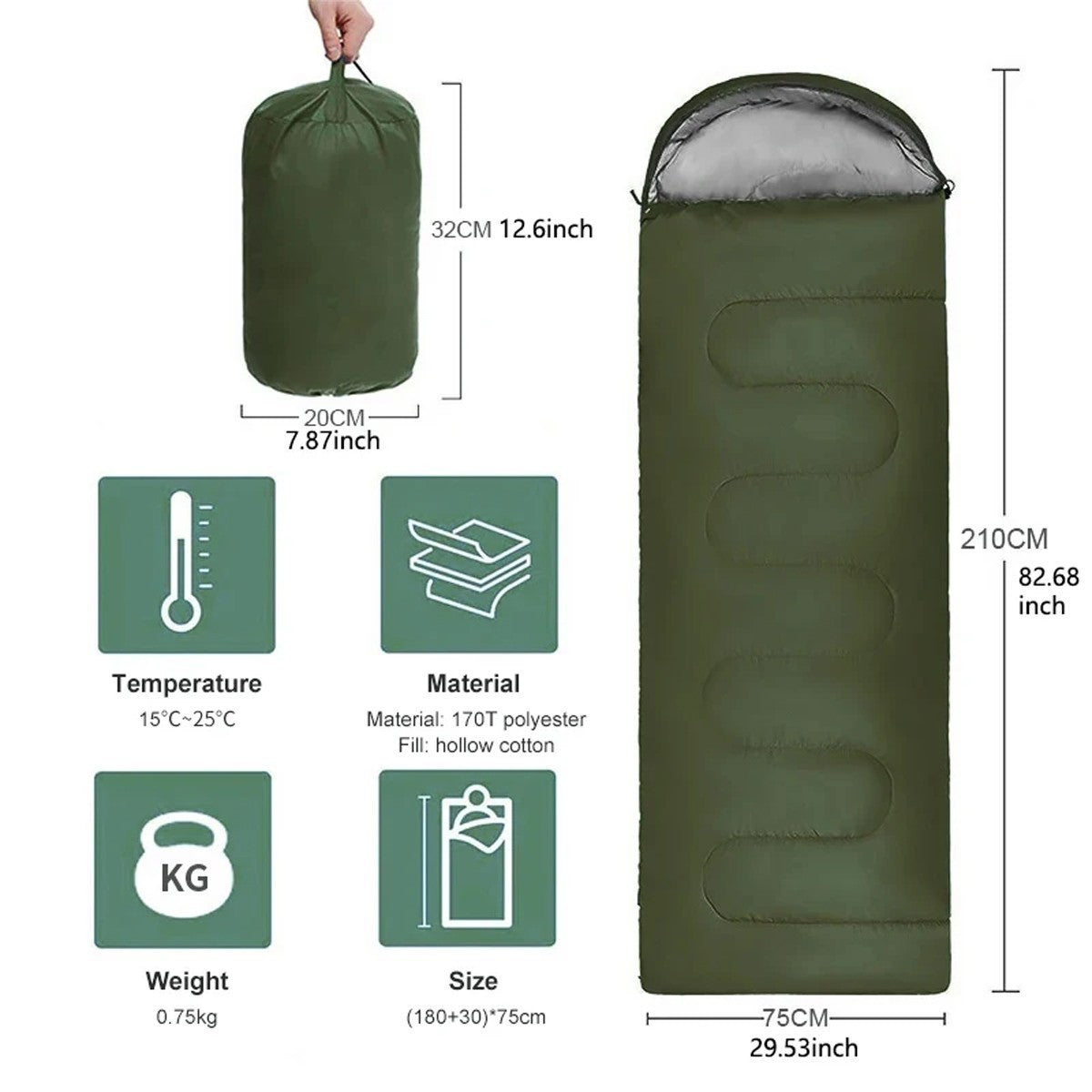 3 Season Sleeping Bag Waterproof Lightweight Camping Hiking Envelope Adult Green
