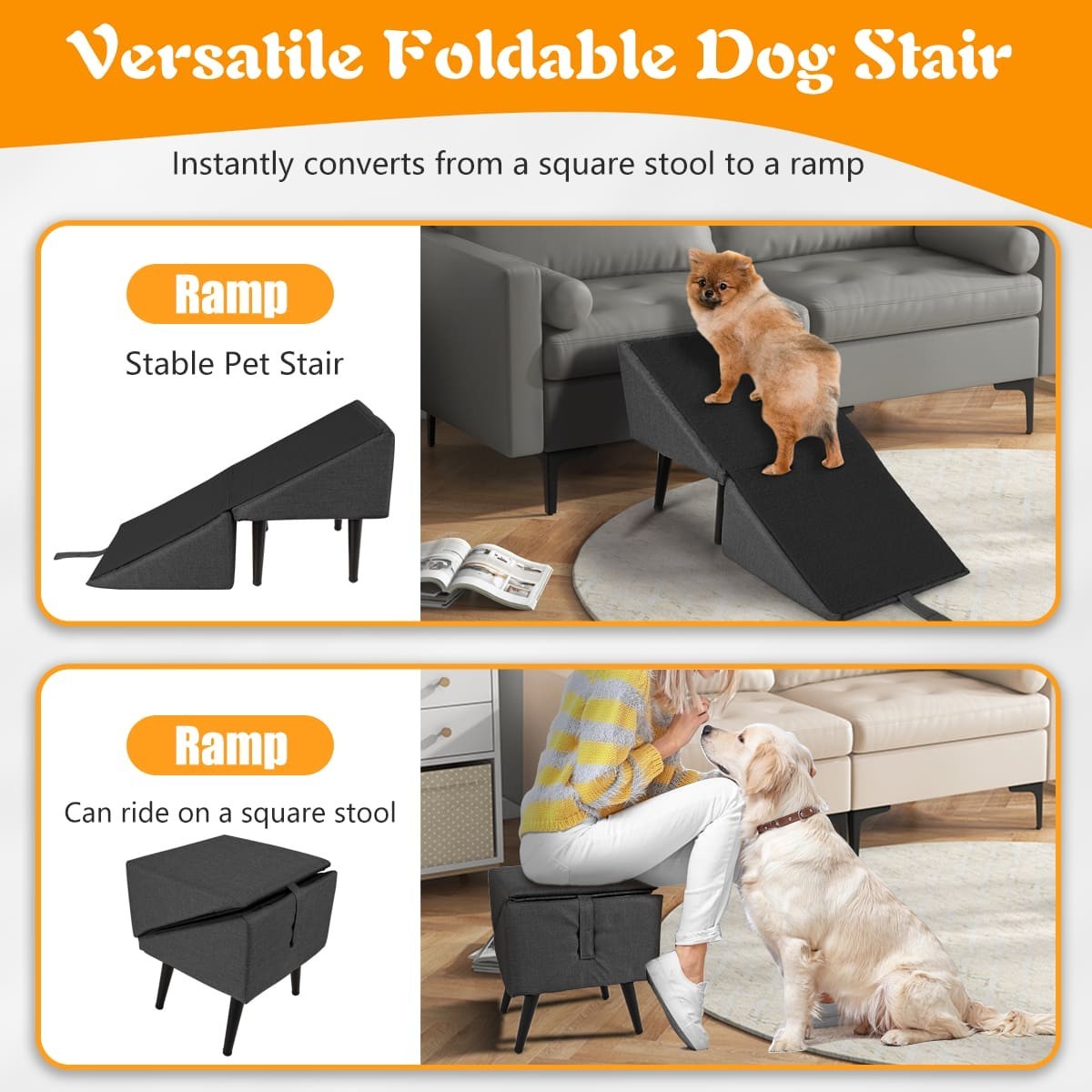 2 in 1 Dog Step Ramp W/ Footrest Stool Foldable Dog Sofa Stair for Senior Animal