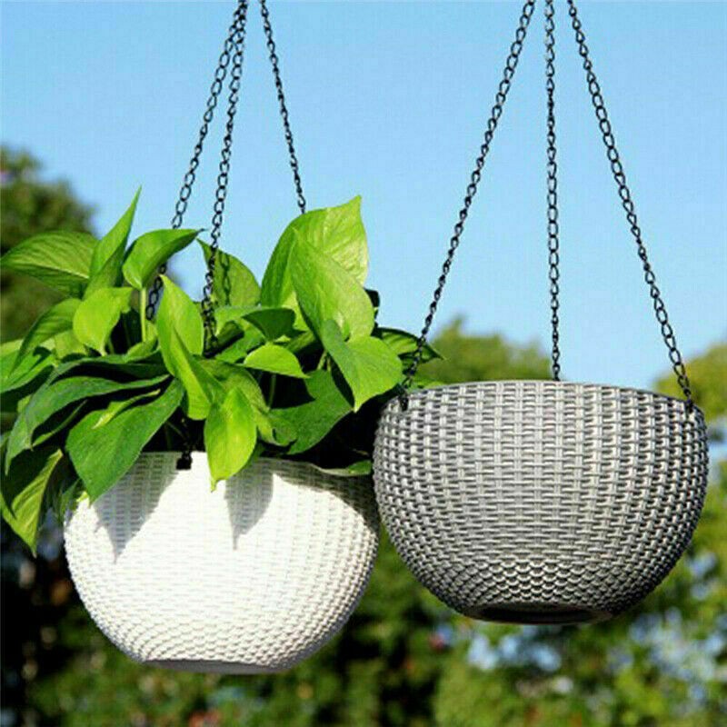 2x Sphere Hanging Flower Pot Bowl Basket 2-Piece Set Chain Planter Rattan