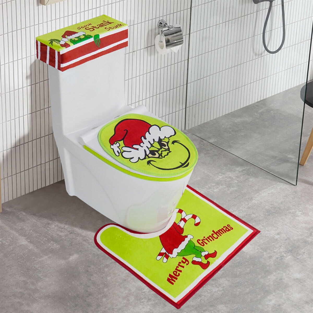 4X Bathroom Toilet Christmas Grinch Decor Sets Seat Collar Cover Non-slip Mat