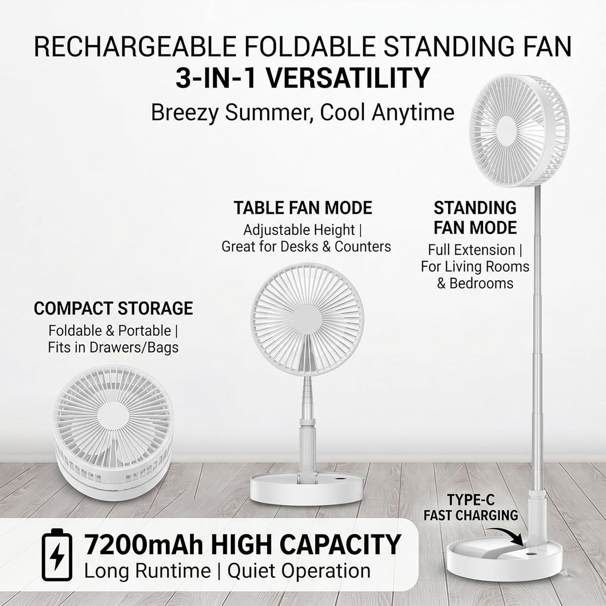 Cordless Fan, 2026 New Portable Folding and telescopic Fan 7200mah.*