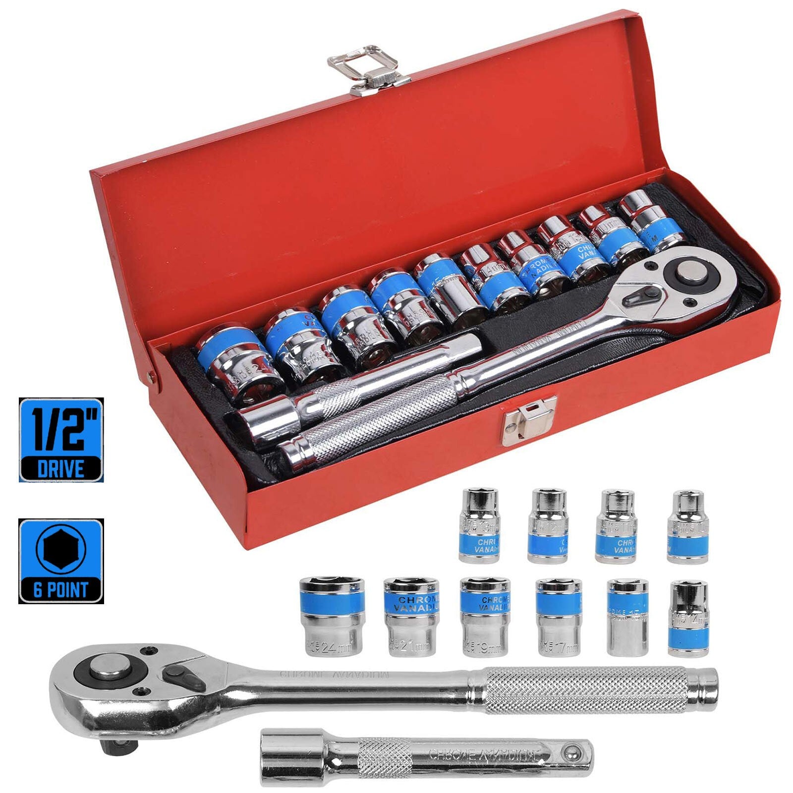 12Pc 1/2'' Socket Set 10-24mm Metric Drive Extension Ratchet Wrench Steel Case