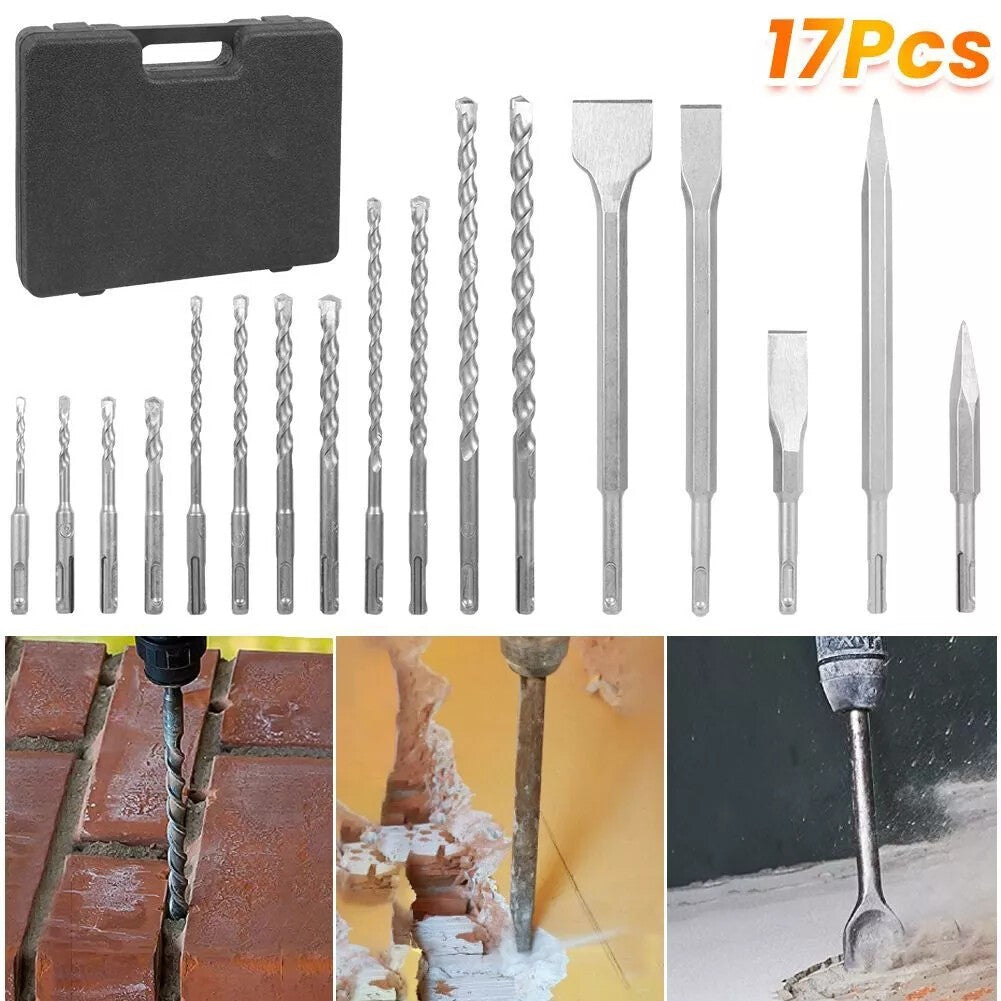 SDS Plus Rotary Hammer Drill & Chisel Bit Set Masonry Concrete Tile Brick 17PCS