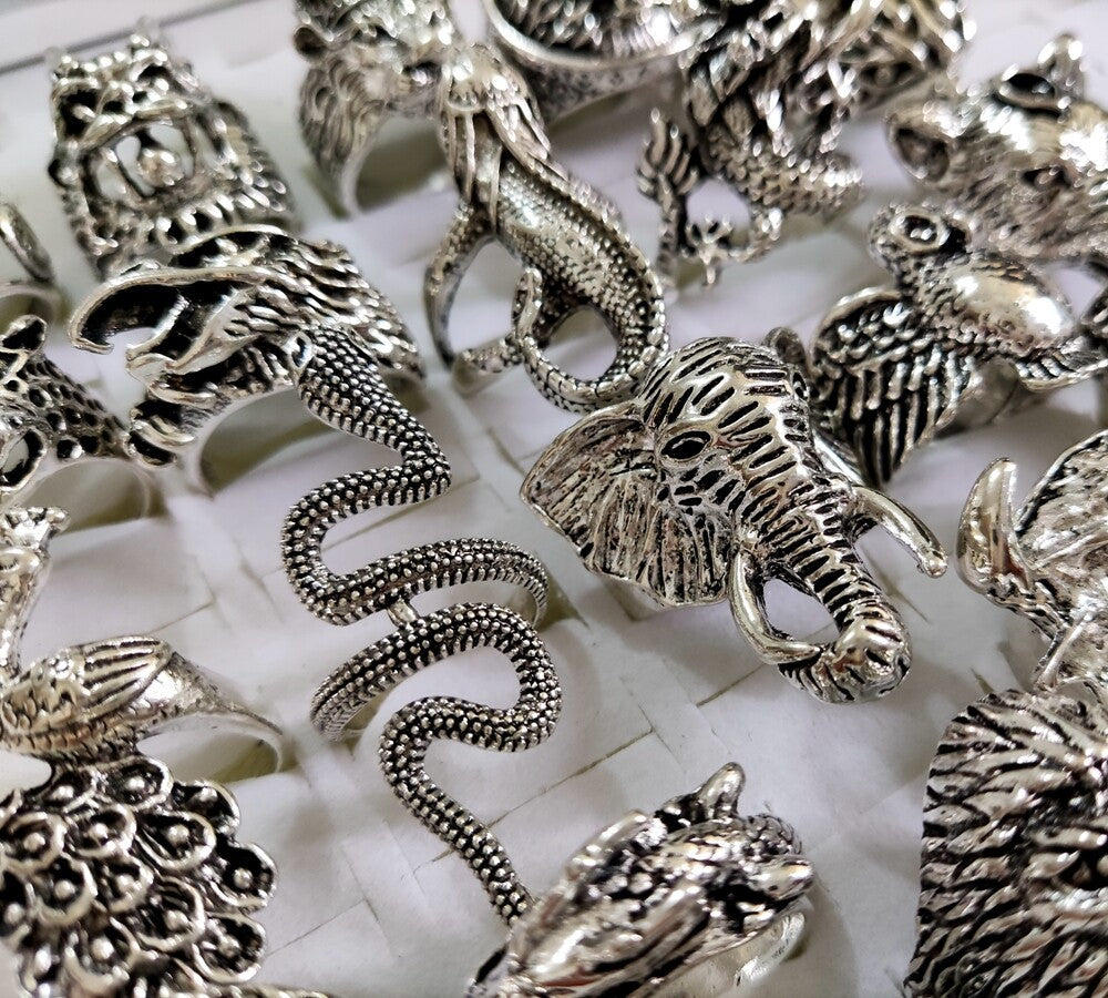 Wholesale Lot 25 Vintage Ferocious Animal Head Punk Rings Retro Jewelry For Men
