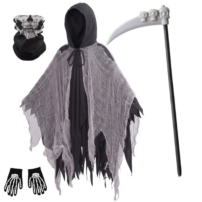 2026 New Kids' Death God Costume Mesh Hooded Cape Mask Gloves and Scythe Set UK