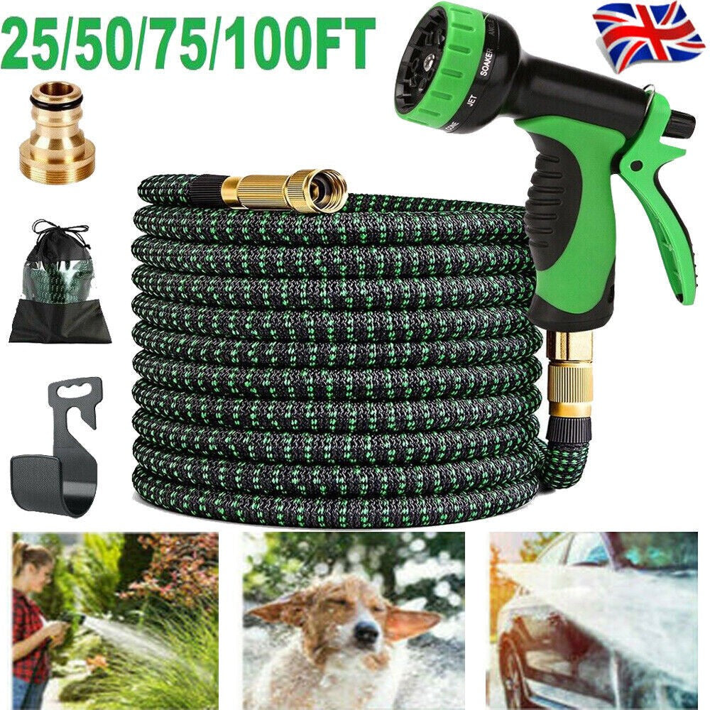 Heavy Duty Expandable Garden Hose 10 Function Flexible Spray Water Gun 100FT