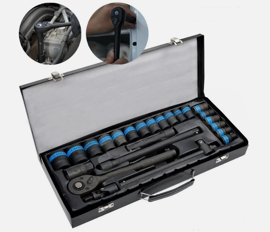 24Pcs Heavy-Duty 1/2" Drive Socket Wrench Set 8-32mm w/ Extension Bar Metal Case