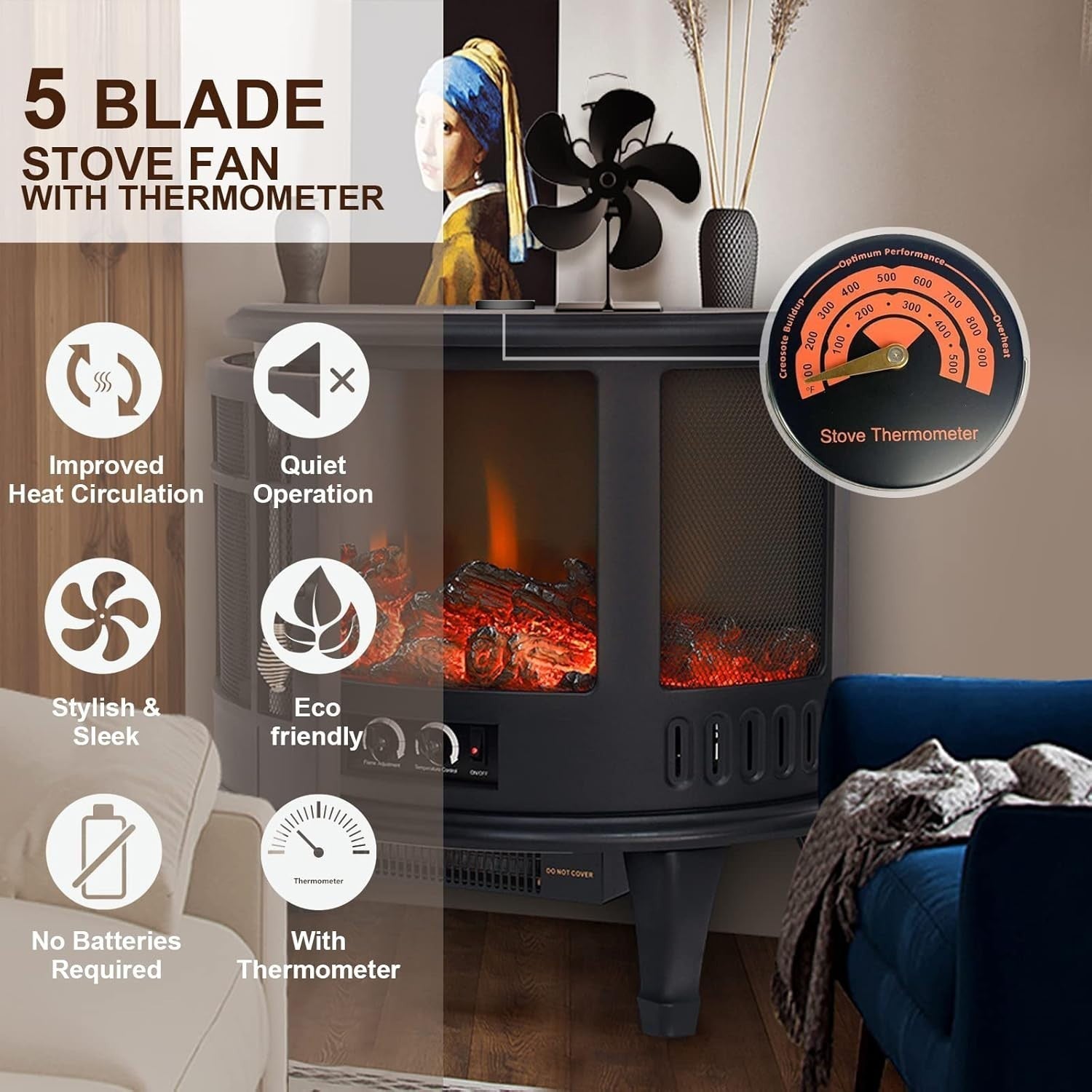 5 Blade Heat Powered Stove Top Fan Eco-friendly for Wood Burner Log Burning Fire