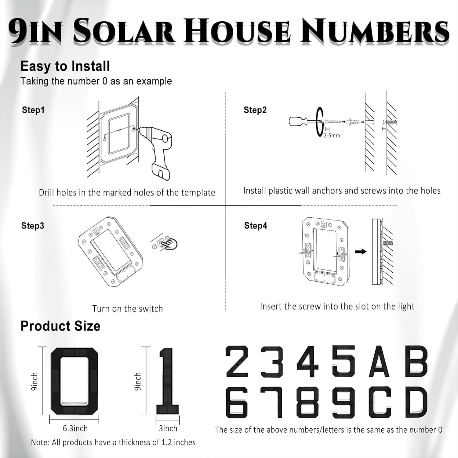 Solar LED House Numbers & Letters, 9 Inch Lighted House Numbers for Outside UK
