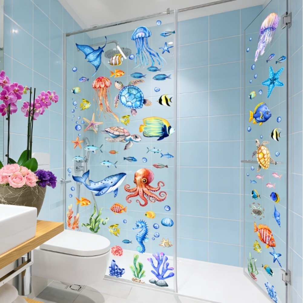 For Bathroom Sea Animal Stickers Bathroom Decor Aquatic Cartoon Designs