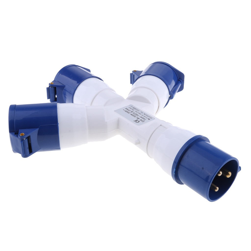 3 Way Splitter 220V 32A 3Pin Blue Industrial Plug Sockets Adaptor IP44 2P+E
