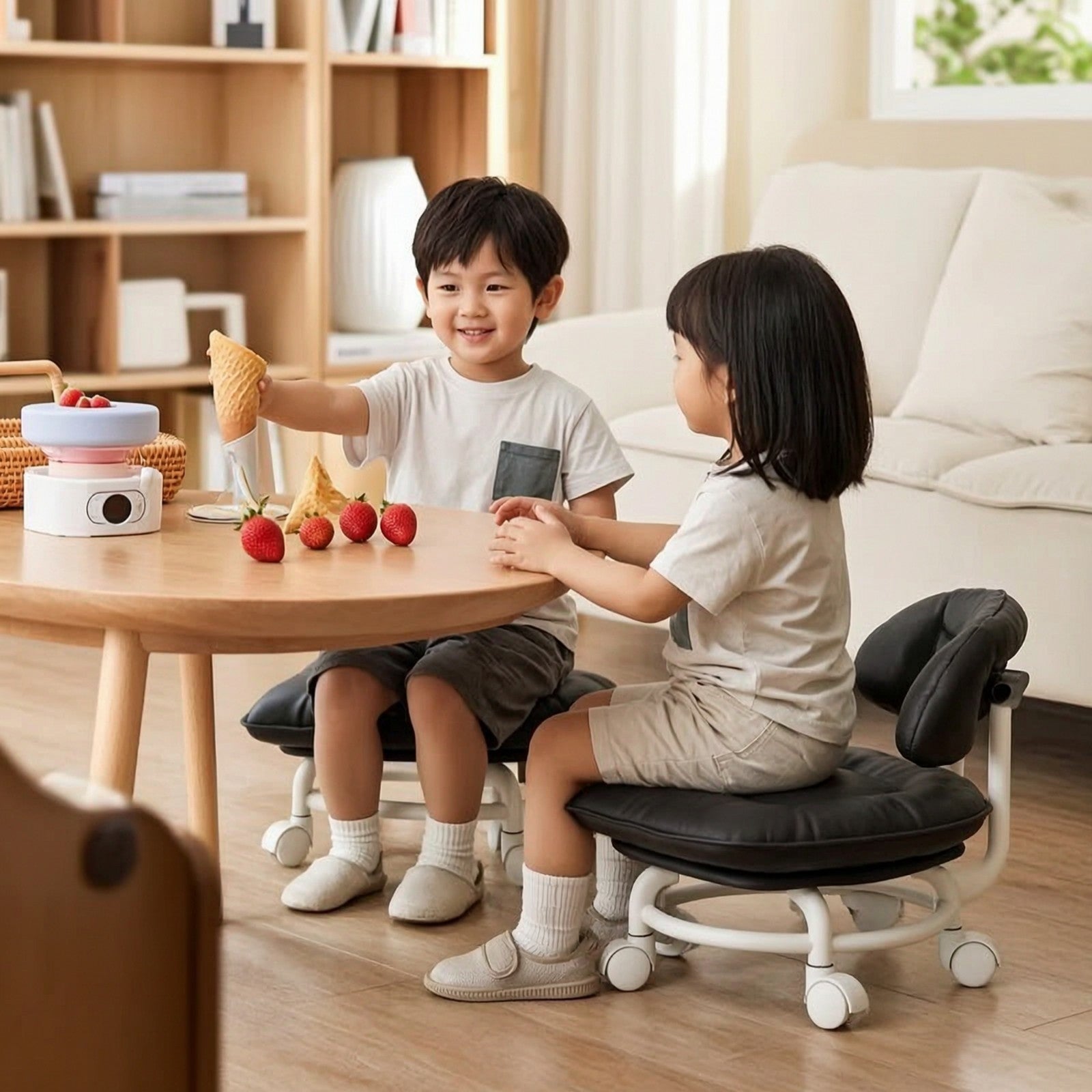 Rolling Stool with Backrest Low-Height Mobile Chair with Cushion Comfortable