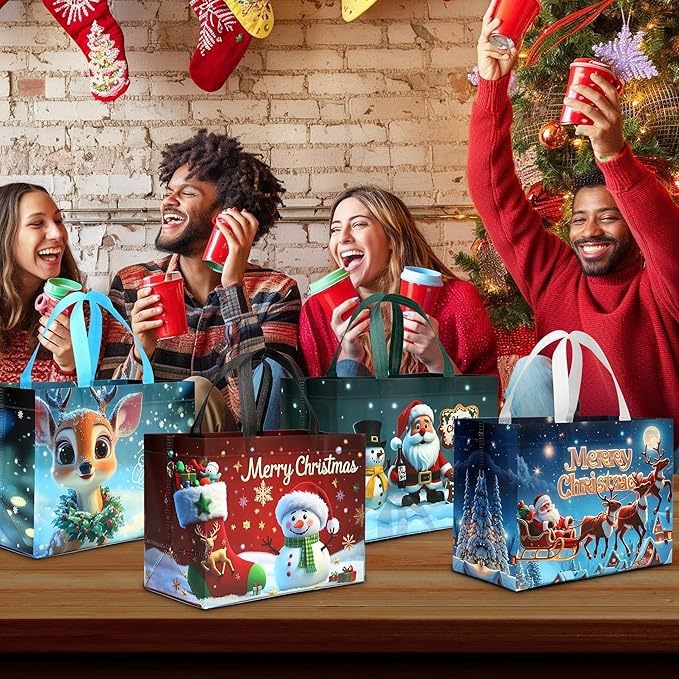 Xmas 16Pack Large Gift Bags Reusable Non‑Woven Christmas Party Tote With Handles