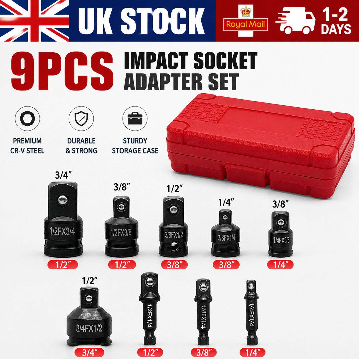 9Pcs Impact Adapter Reducer Socket Converter Set 3/4 1/4 3/8 1/2" Female to Male