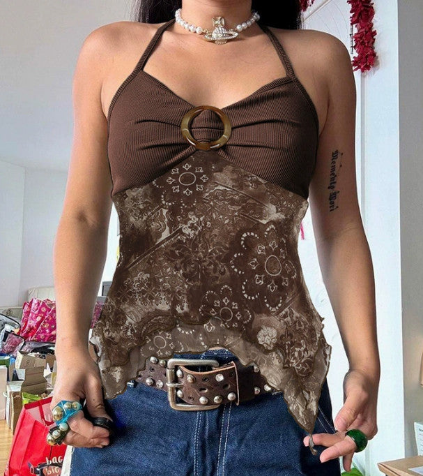 Khaki Lace Halter Top Y2K Cami Vest Vintage